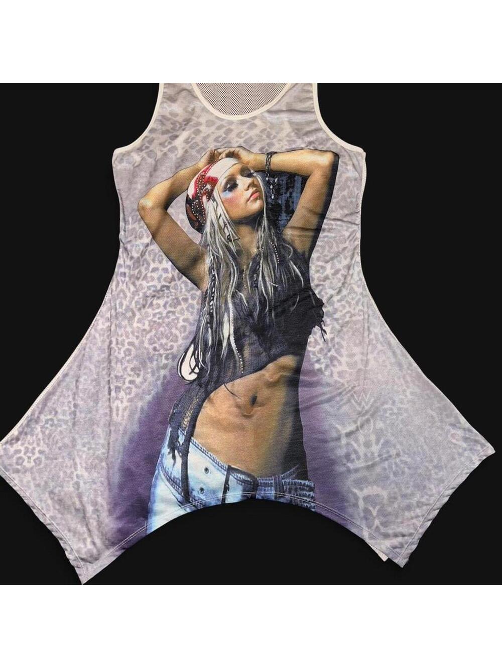 Y2K Christina Aguilera Stripped Era Rhinestone Mesh Asymmetrical Tank Top